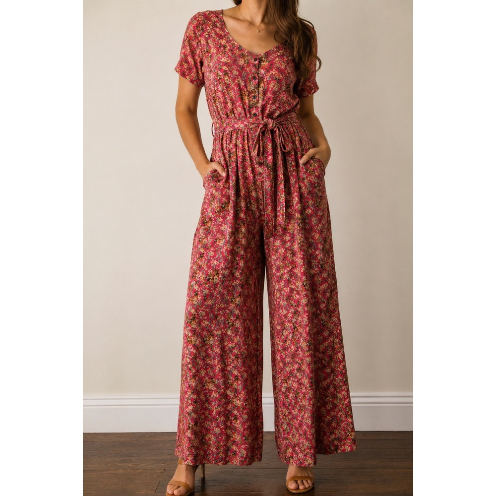 Vintage 90s Floral Wide Leg Jumpsuit Medium Cottage Boho Country Prairie Palazzo